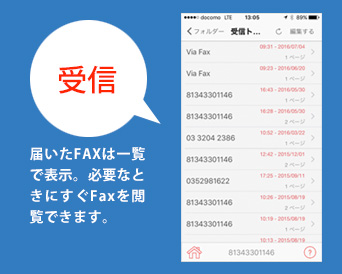 「受信」届いたファックスは一覧で表示